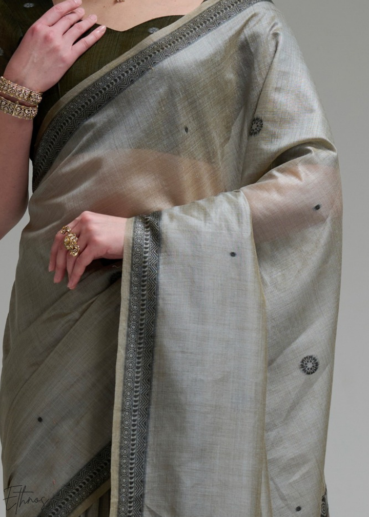 Ash Grey Geometric Block Printed Jamdani Cotton Saree