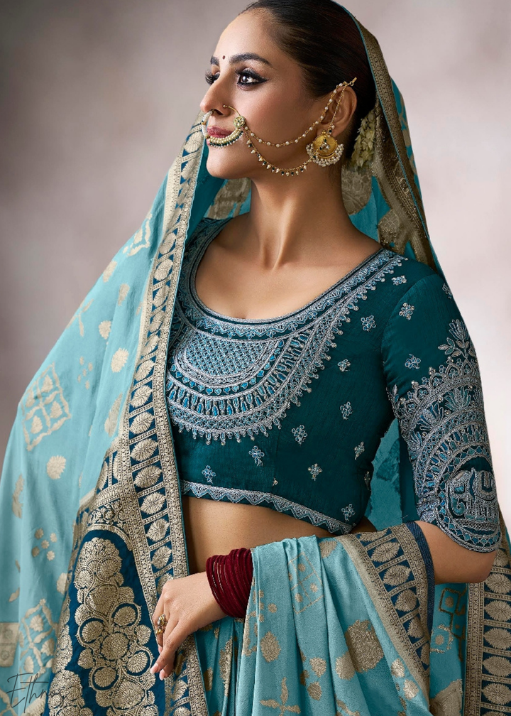 Azure Geometric Bloom Crepe Silk Saree