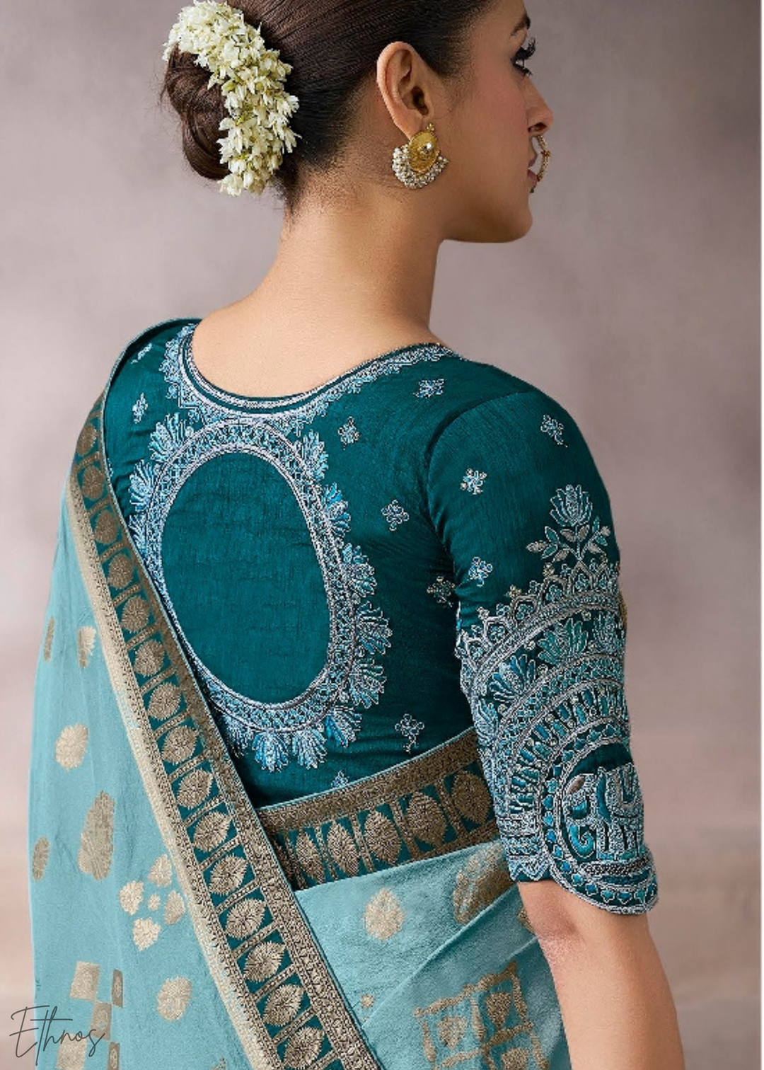 Azure Geometric Bloom Crepe Silk Saree