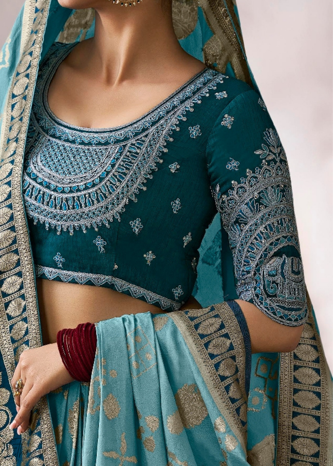 Azure Geometric Bloom Crepe Silk Saree