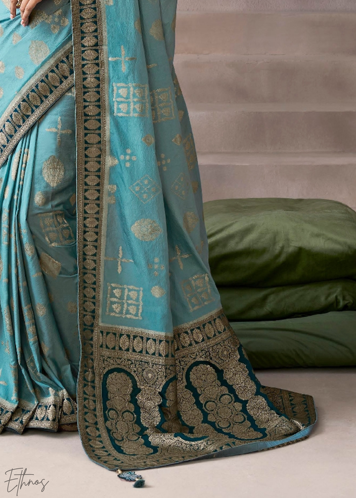 Azure Geometric Bloom Crepe Silk Saree
