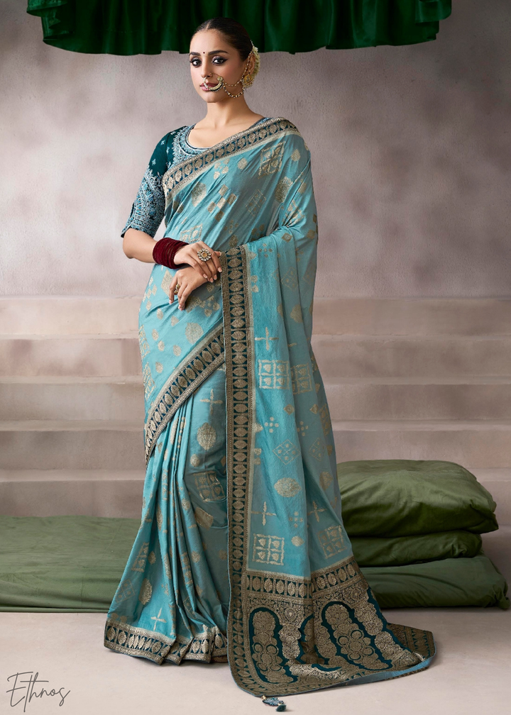Azure Geometric Bloom Crepe Silk Saree