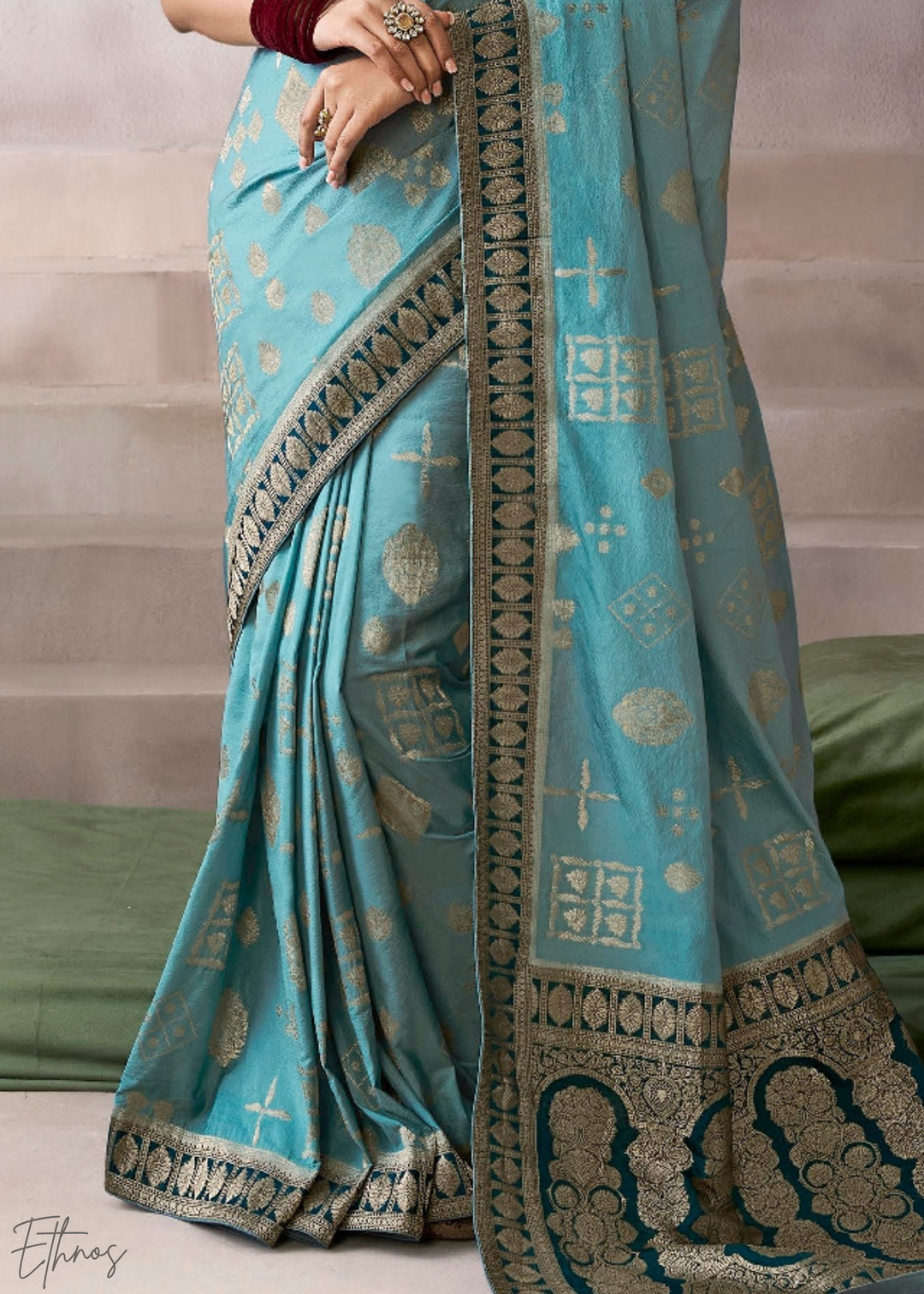 Azure Geometric Bloom Crepe Silk Saree