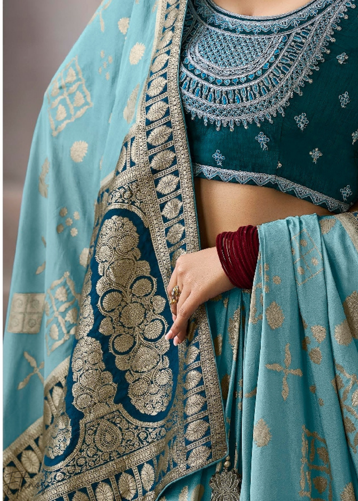 Azure Geometric Bloom Crepe Silk Saree