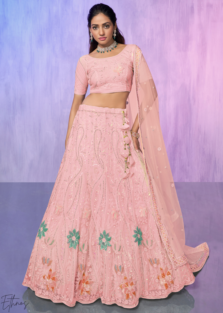 Baby Pink Floral Embroidered georgette Lehenga Choli Set