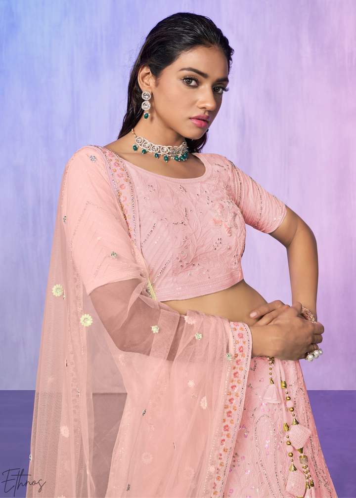 Baby Pink Floral Embroidered georgette Lehenga Choli Set