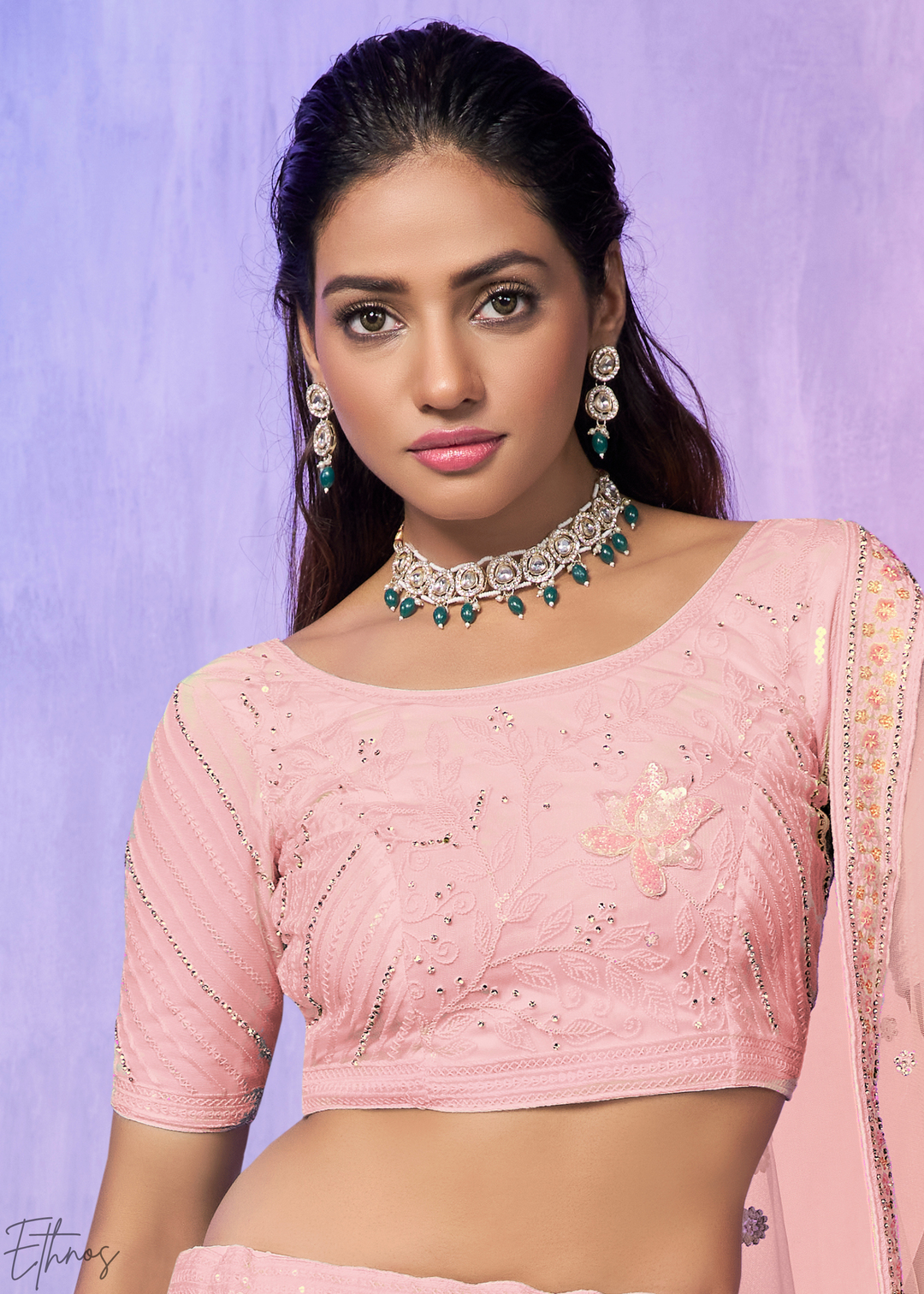 Baby Pink Floral Embroidered georgette Lehenga Choli Set