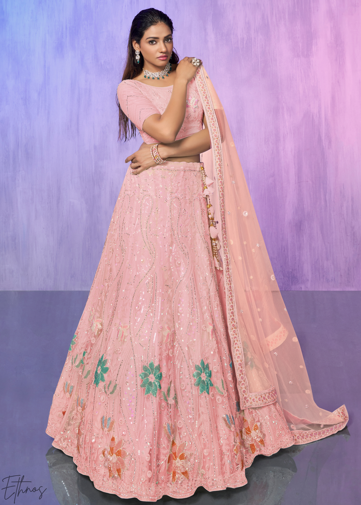 Baby Pink Floral Embroidered georgette Lehenga Choli Set