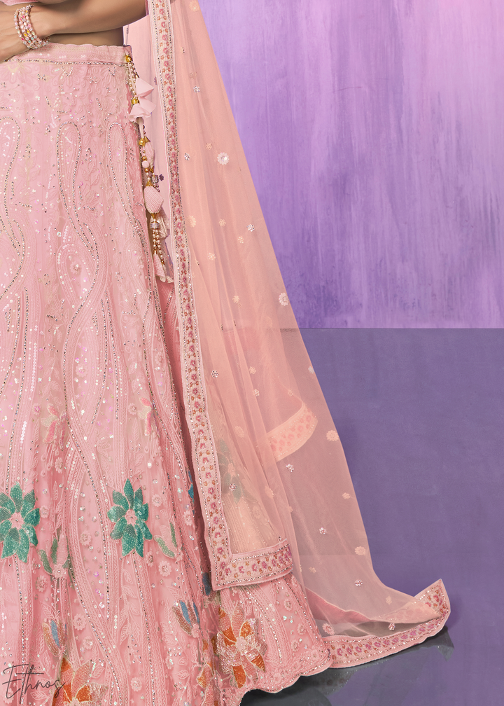 Baby Pink Floral Embroidered georgette Lehenga Choli Set