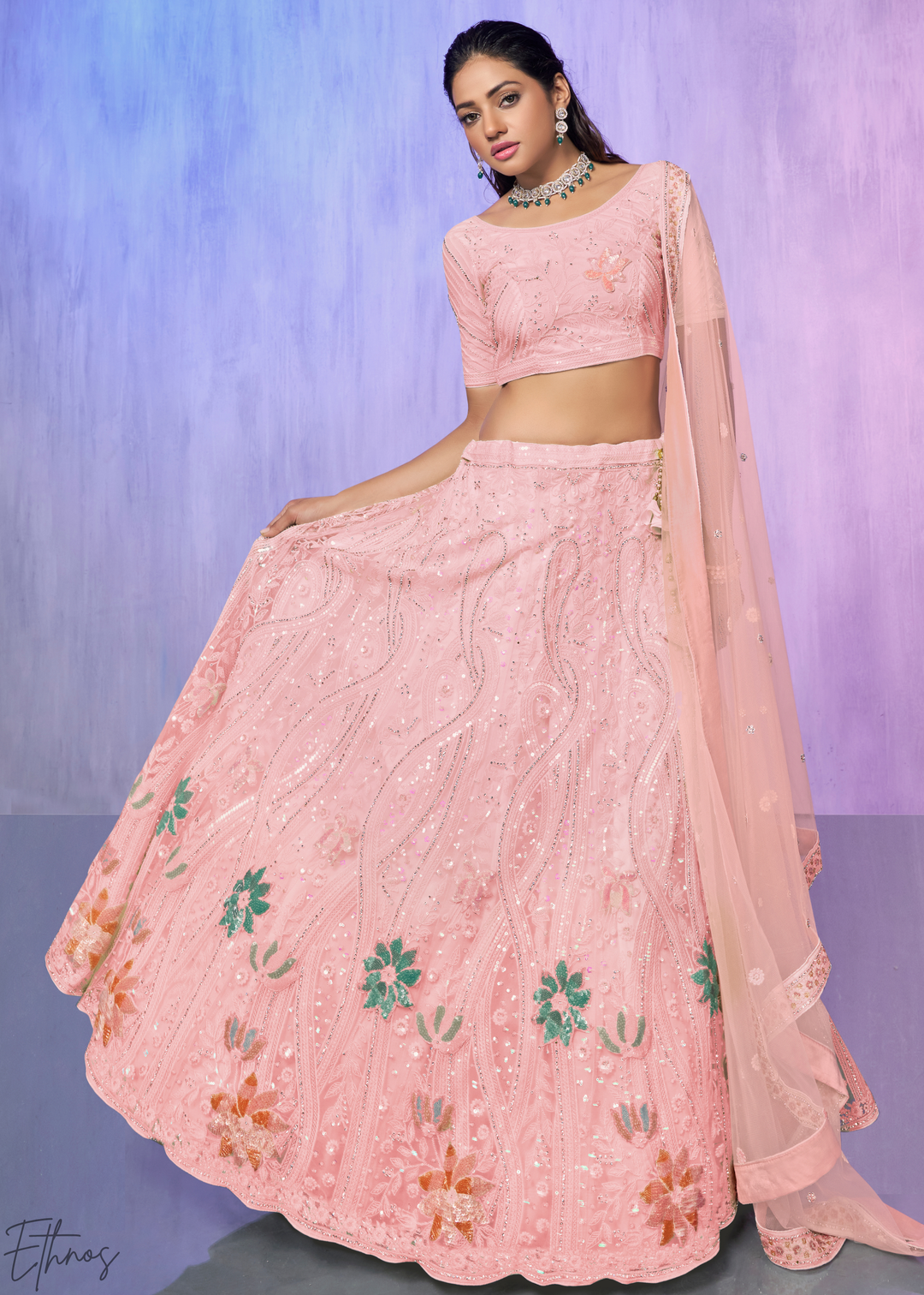 Baby Pink Floral Embroidered georgette Lehenga Choli Set