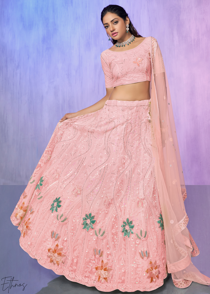 Baby Pink Floral Embroidered georgette Lehenga Choli Set