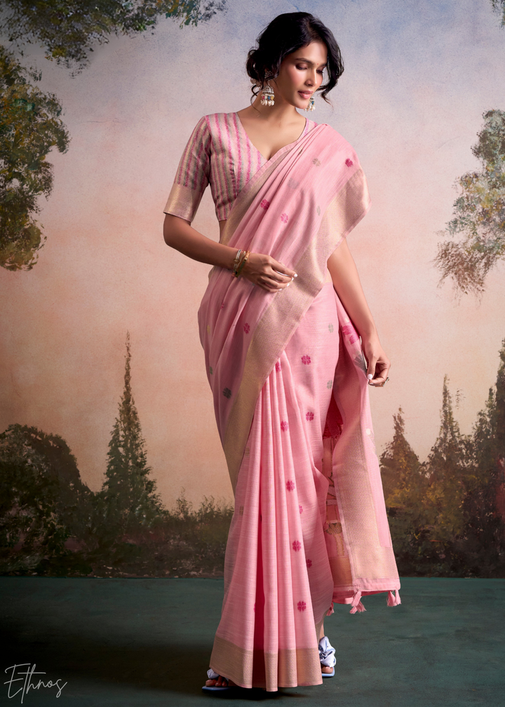 Baby Pink Lotus Pallu Linen Silk Saree