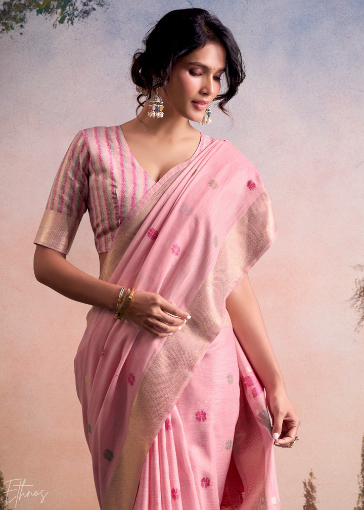 Baby Pink Lotus Pallu Linen Silk Saree