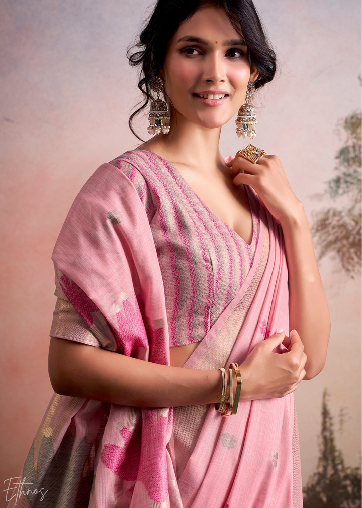 Baby Pink Lotus Pallu Linen Silk Saree