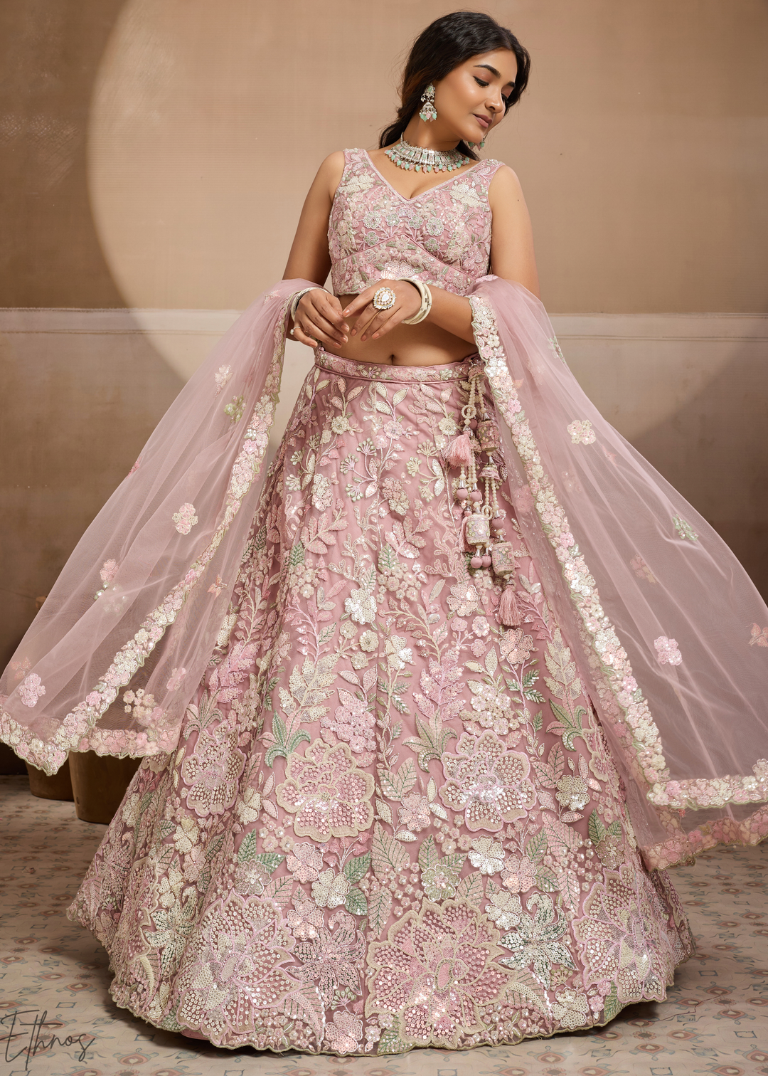Baby Pink Pastel Floral Embroidered Net Lehenga