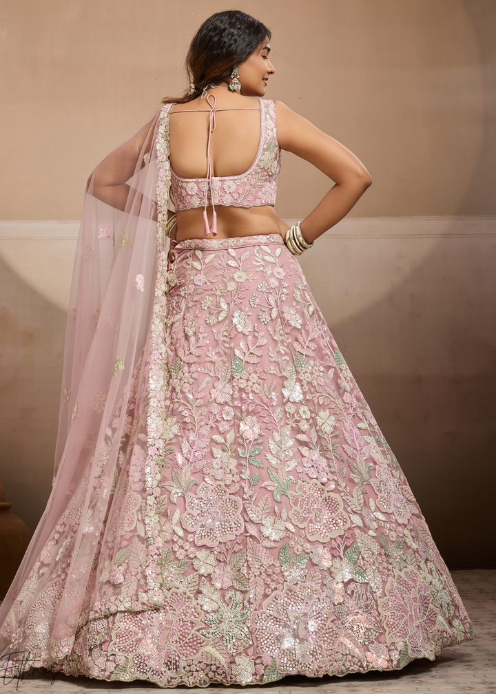 Baby Pink Pastel Floral Embroidered Net Lehenga
