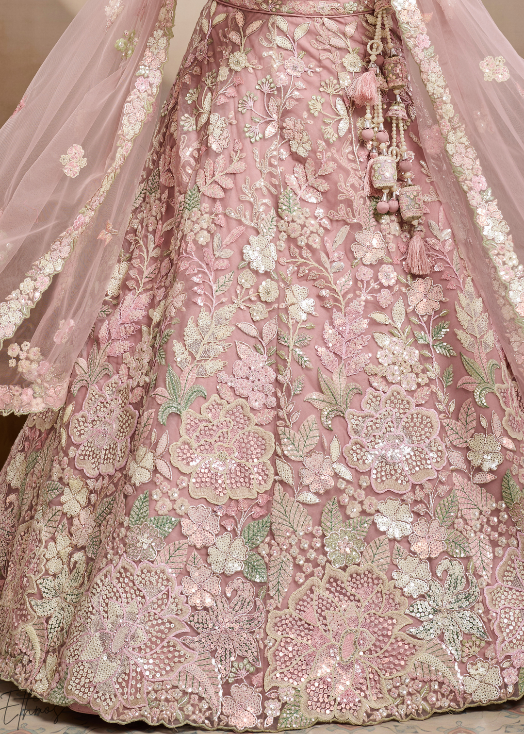 Baby Pink Pastel Floral Embroidered Net Lehenga