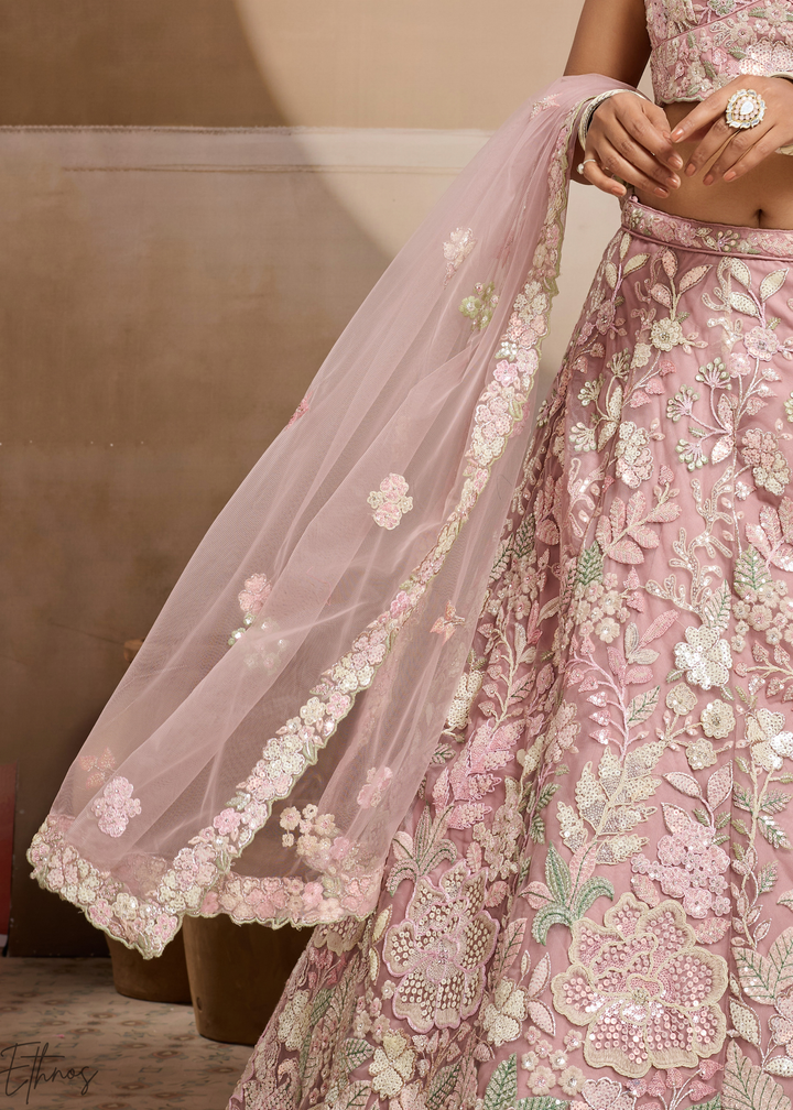 Baby Pink Pastel Floral Embroidered Net Lehenga