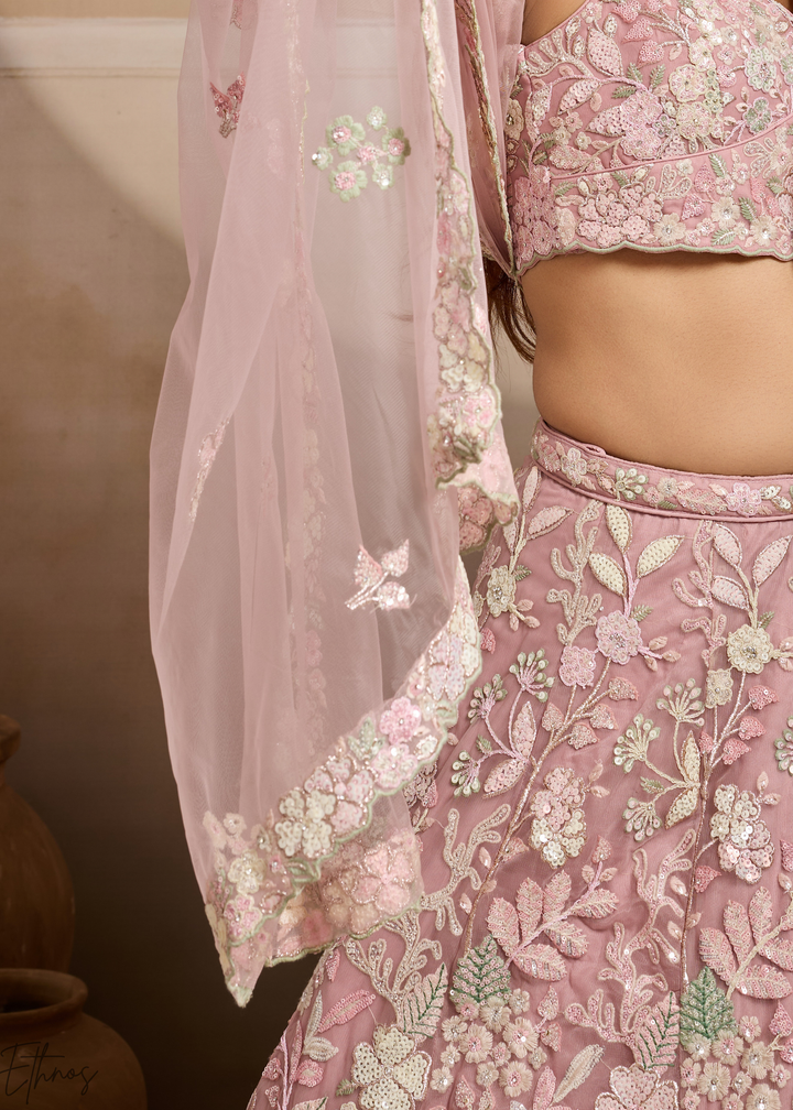 Baby Pink Pastel Floral Embroidered Net Lehenga