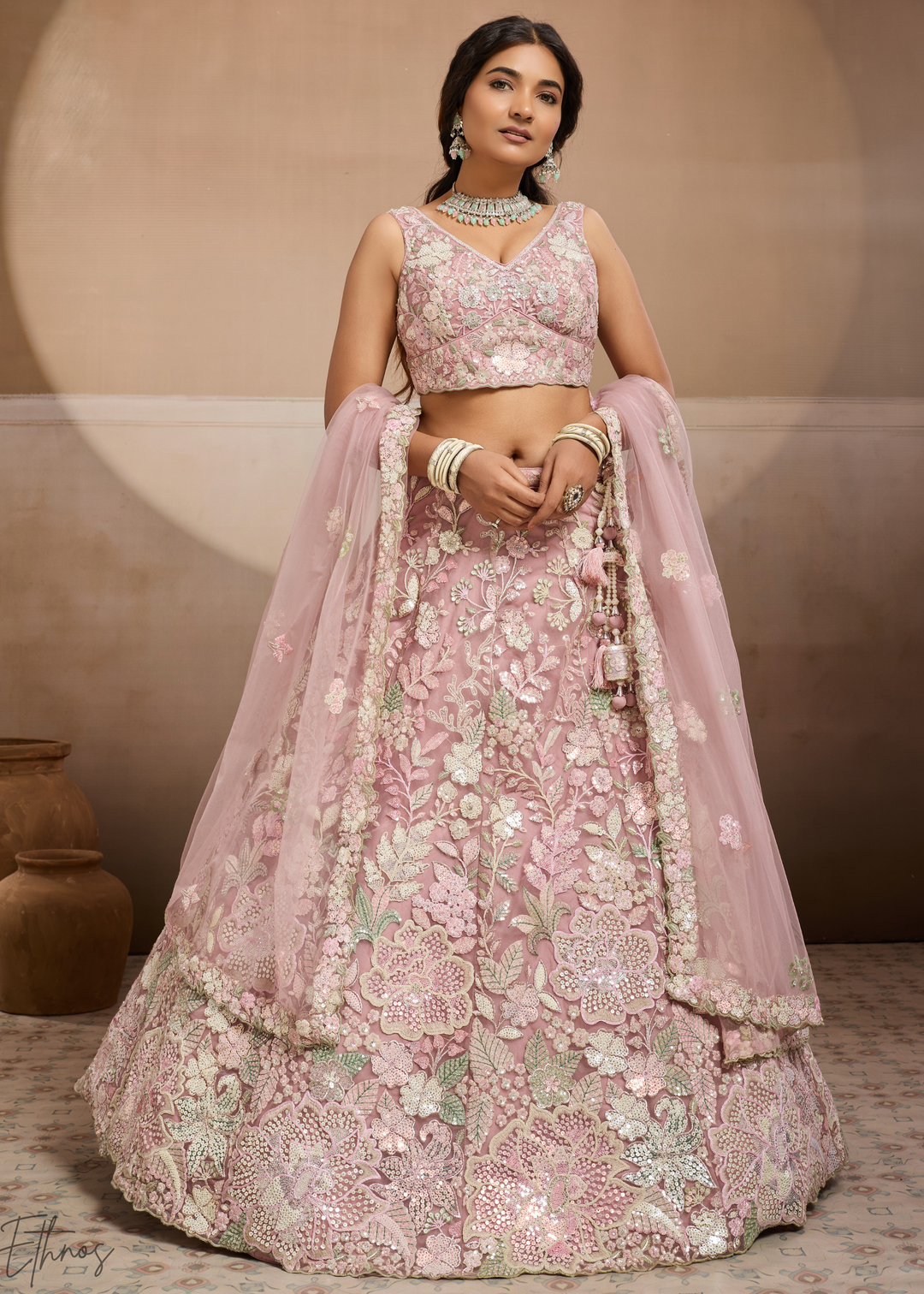Baby Pink Pastel Floral Embroidered Net Lehenga