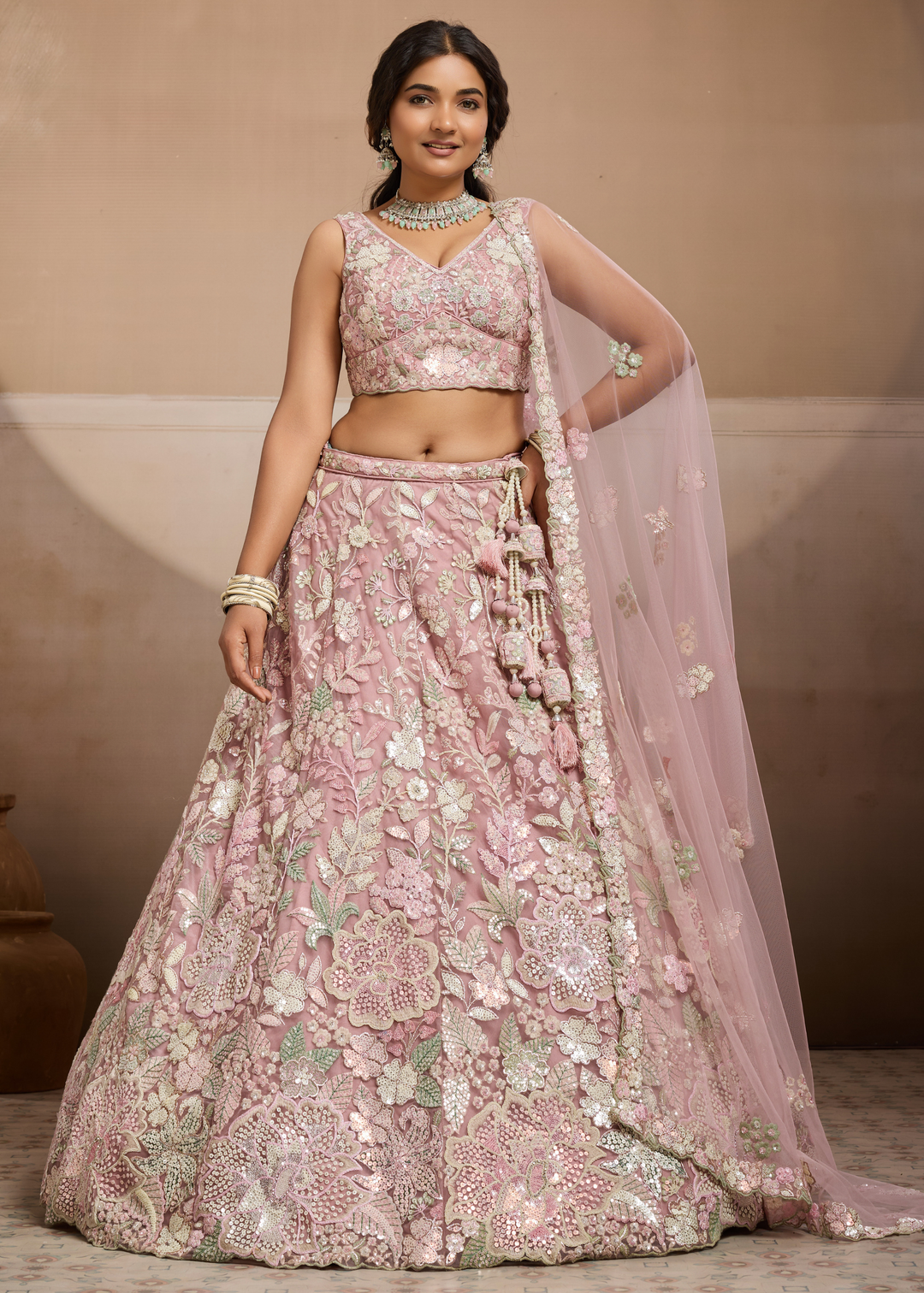 Baby Pink Pastel Floral Embroidered Net Lehenga