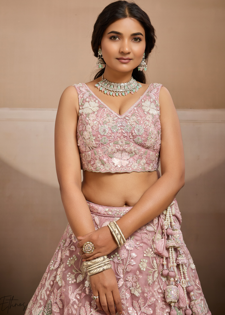 Baby Pink Pastel Floral Embroidered Net Lehenga