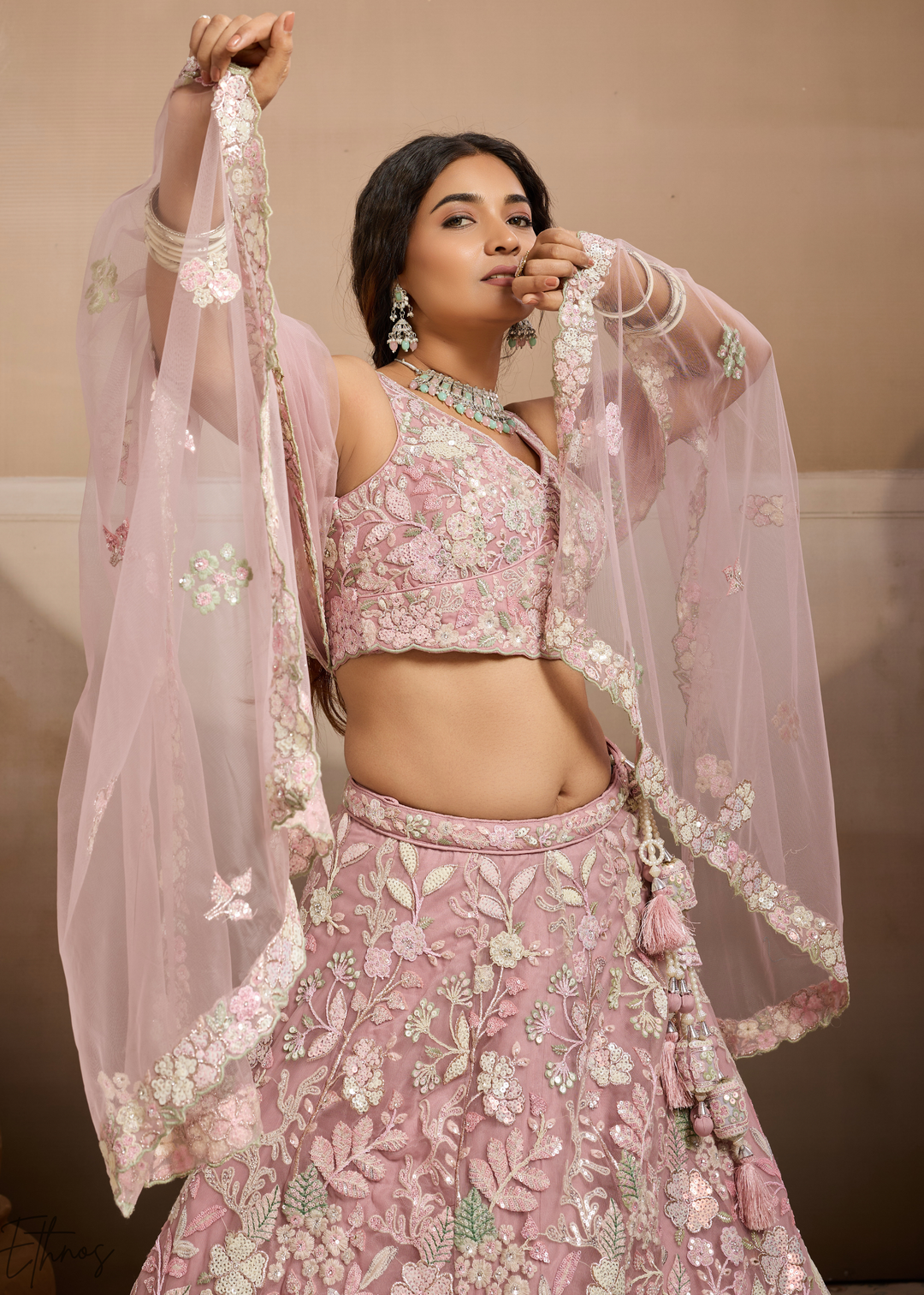 Baby Pink Pastel Floral Embroidered Net Lehenga