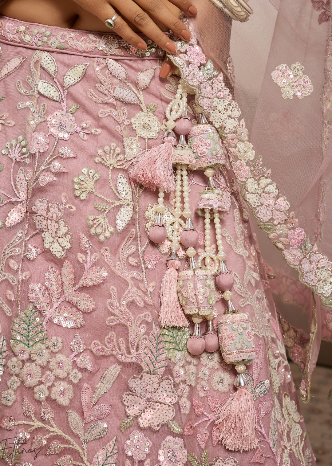 Baby Pink Pastel Floral Embroidered Net Lehenga