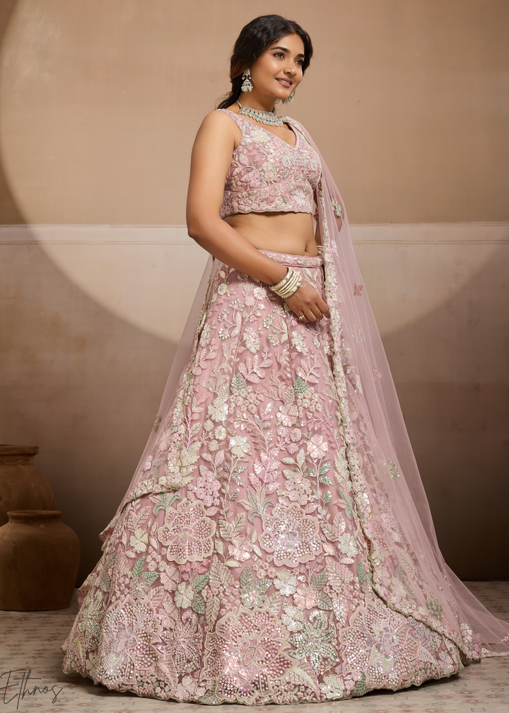 Baby Pink Pastel Floral Embroidered Net Lehenga