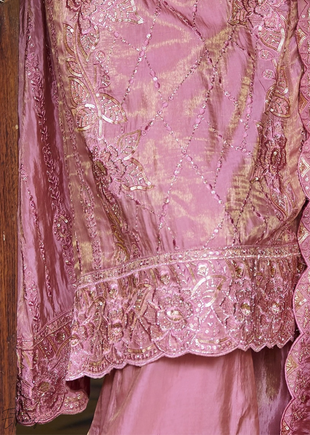 Baby Pink Shimmer Embroidered Silk Sharara Suit