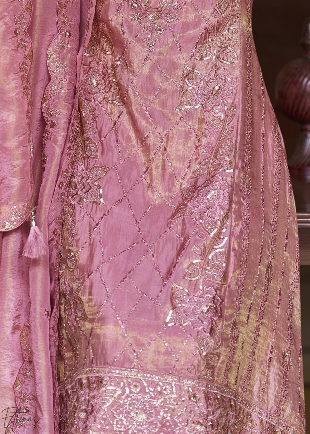 Baby Pink Shimmer Embroidered Silk Sharara Suit