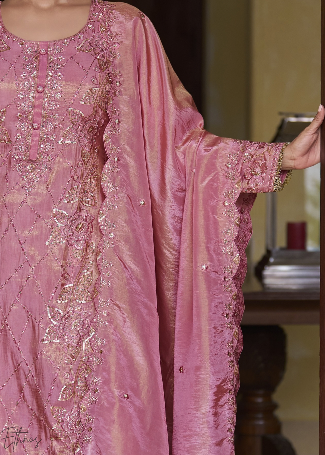 Baby Pink Shimmer Embroidered Silk Sharara Suit