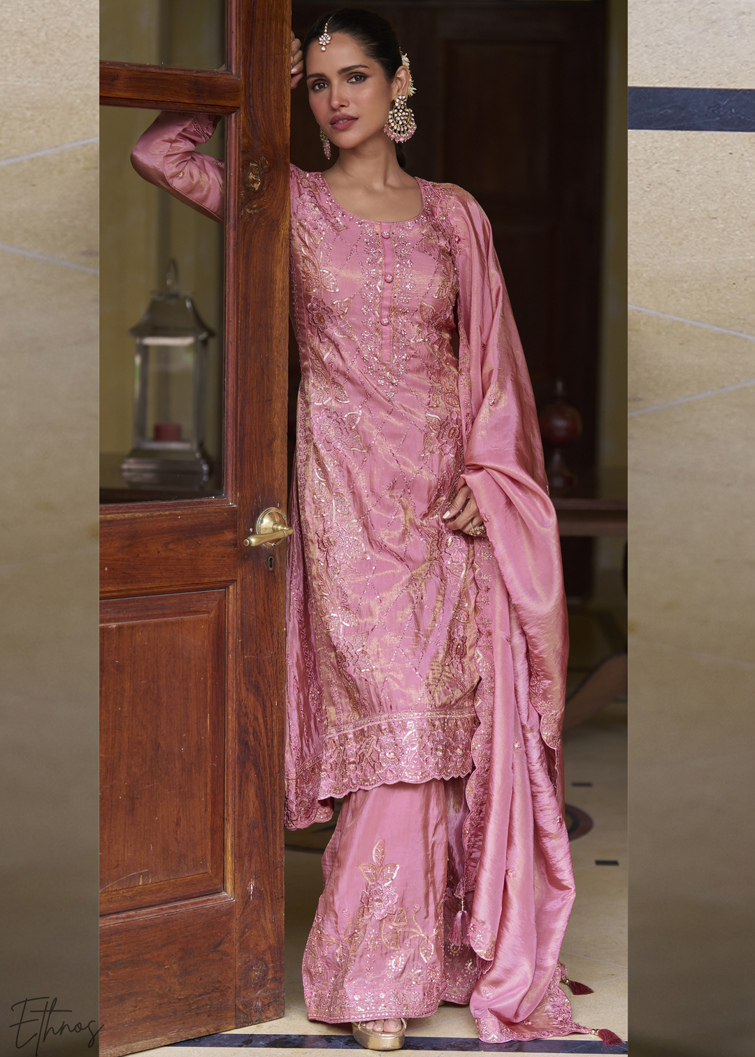 Baby Pink Shimmer Embroidered Silk Sharara Suit