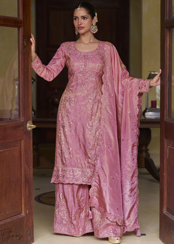 Baby Pink Shimmer Embroidered Silk Sharara Suit