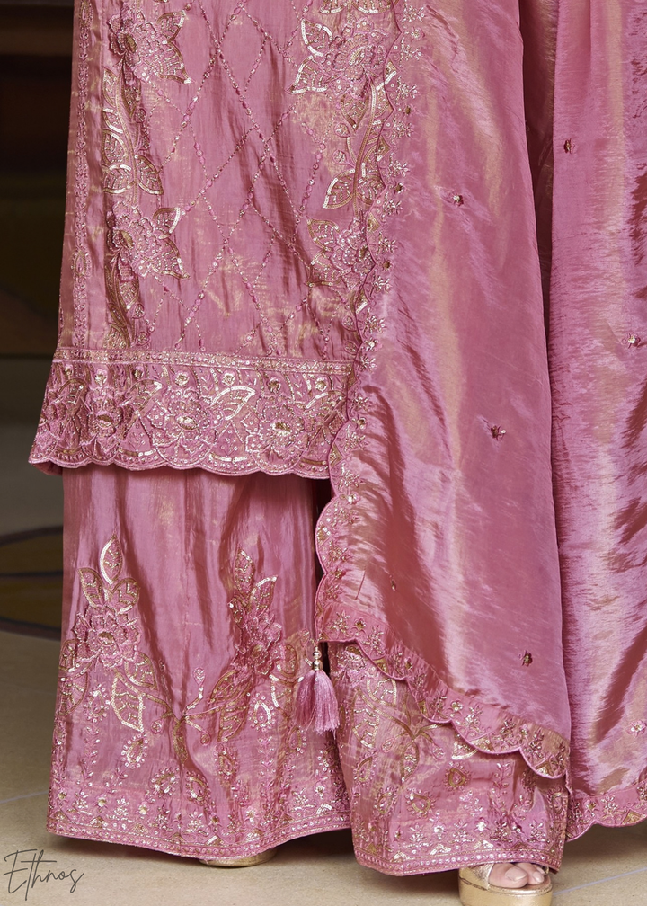 Baby Pink Shimmer Embroidered Silk Sharara Suit