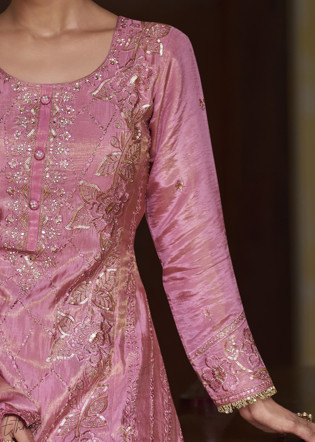 Baby Pink Shimmer Embroidered Silk Sharara Suit