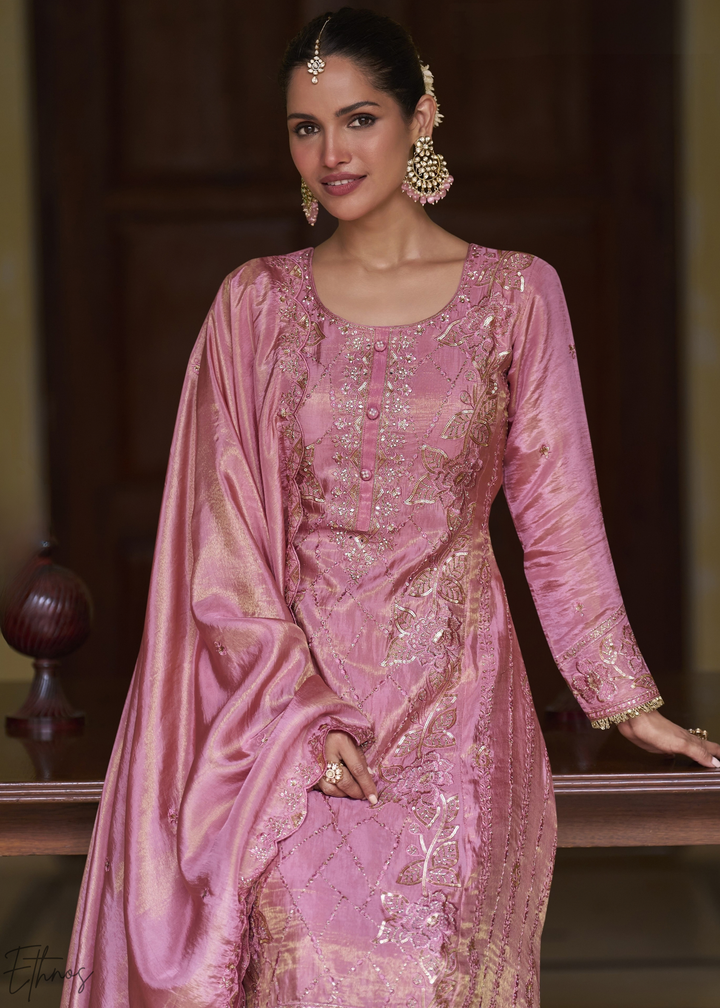 Baby Pink Shimmer Embroidered Silk Sharara Suit