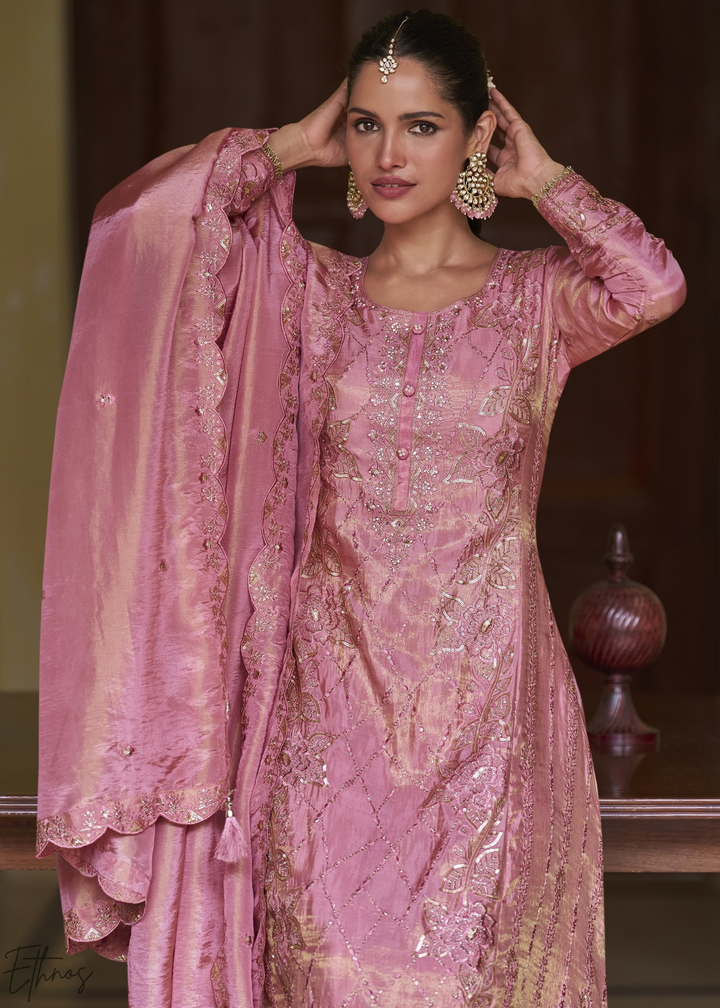 Baby Pink Shimmer Embroidered Silk Sharara Suit