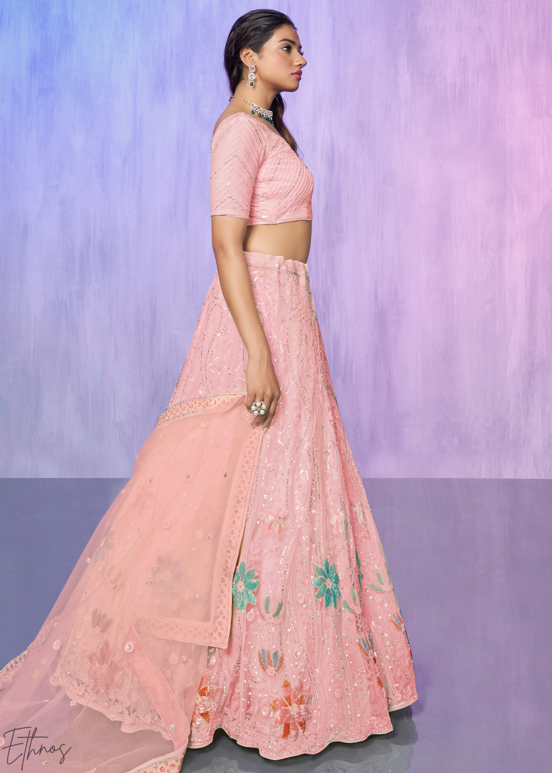 Baby Pink Floral Embroidered georgette Lehenga Choli Set
