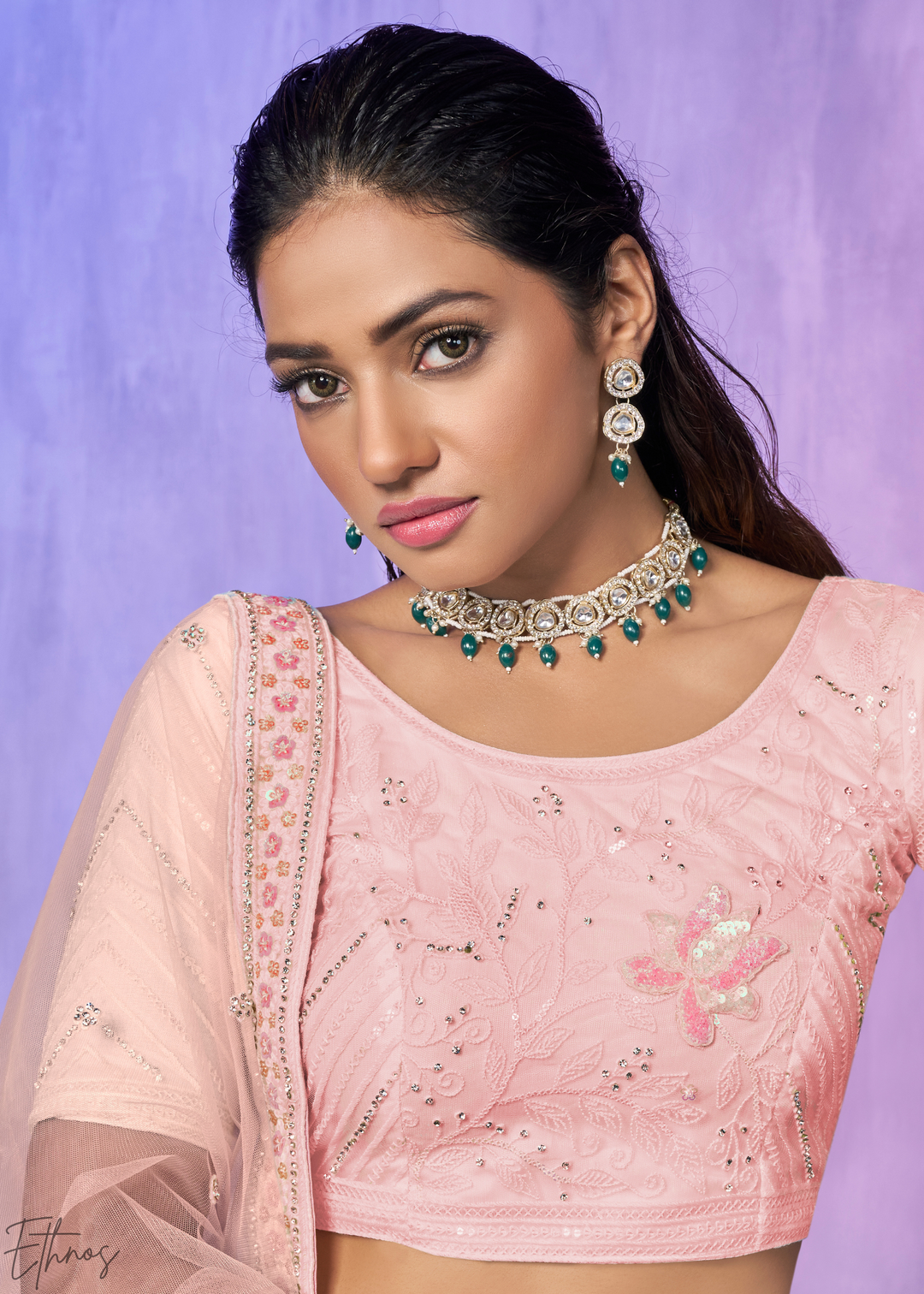 Baby Pink Floral Embroidered georgette Lehenga Choli Set