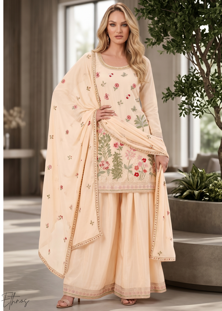 Beige Blossom-Bouquet Embroidered Chinon Palazzo Suit