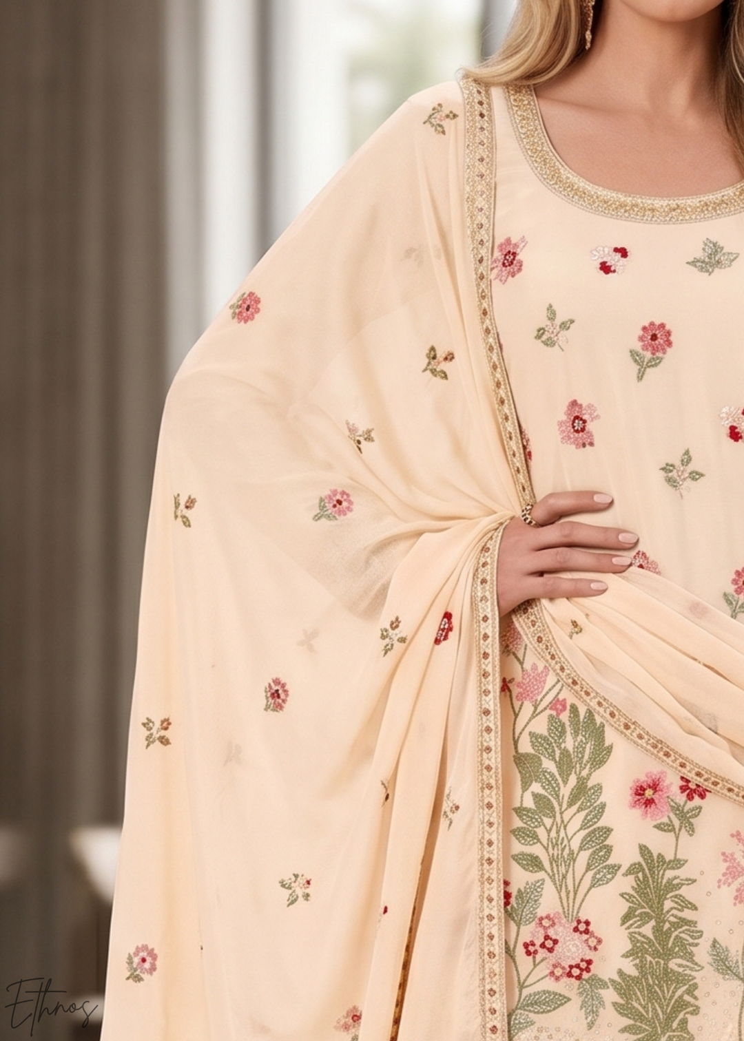 Beige Blossom-Bouquet Embroidered Chinon Palazzo Suit
