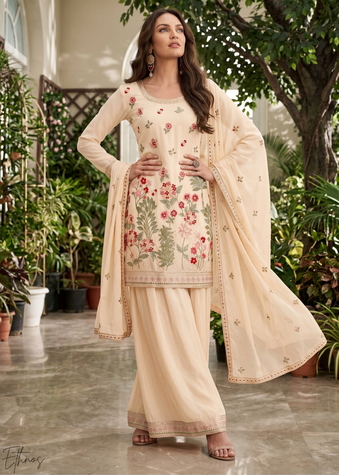 Beige Blossom-Bouquet Embroidered Chinon Palazzo Suit