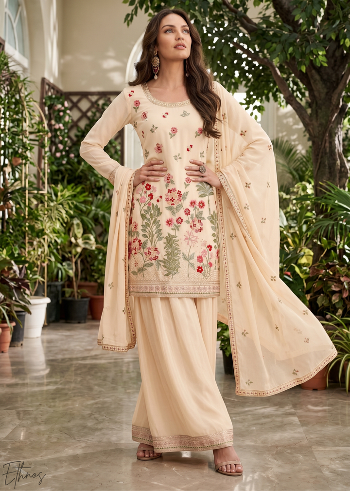 Beige Blossom-Bouquet Embroidered Chinon Palazzo Suit