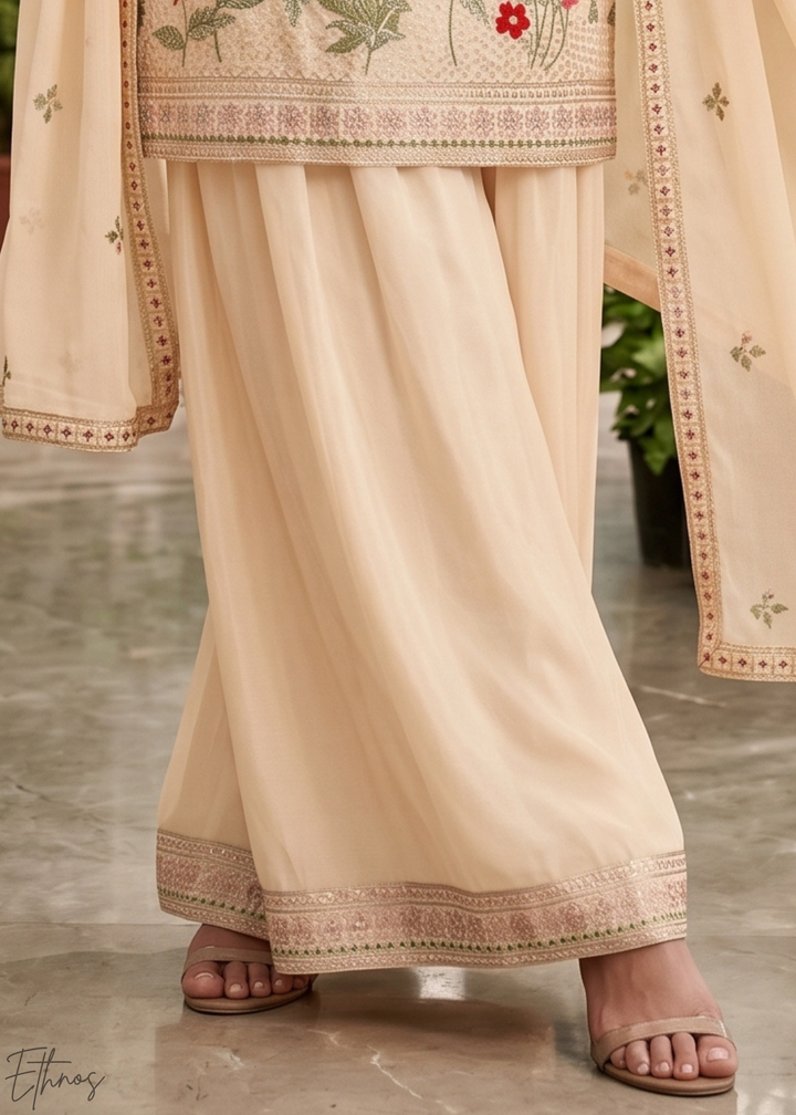 Beige Blossom-Bouquet Embroidered Chinon Palazzo Suit