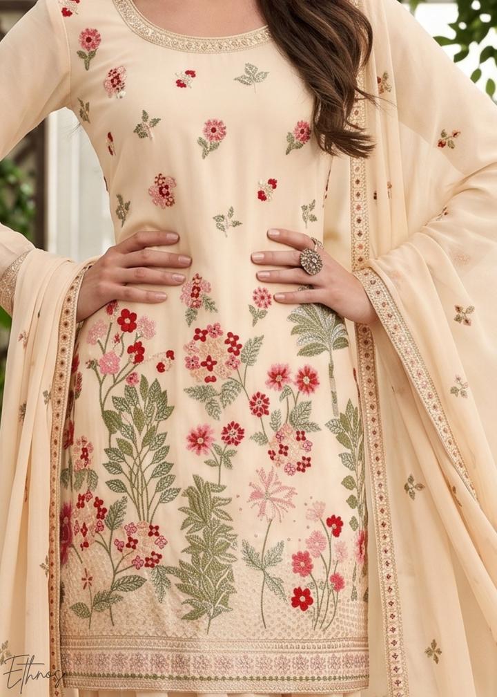 Beige Blossom-Bouquet Embroidered Chinon Palazzo Suit