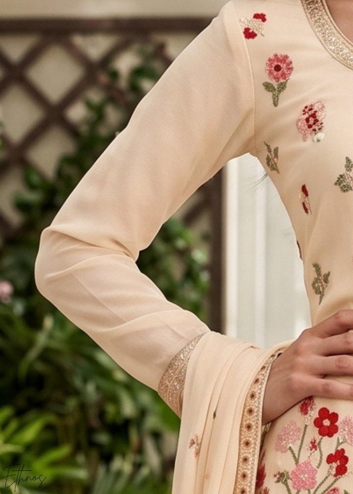 Beige Blossom-Bouquet Embroidered Chinon Palazzo Suit