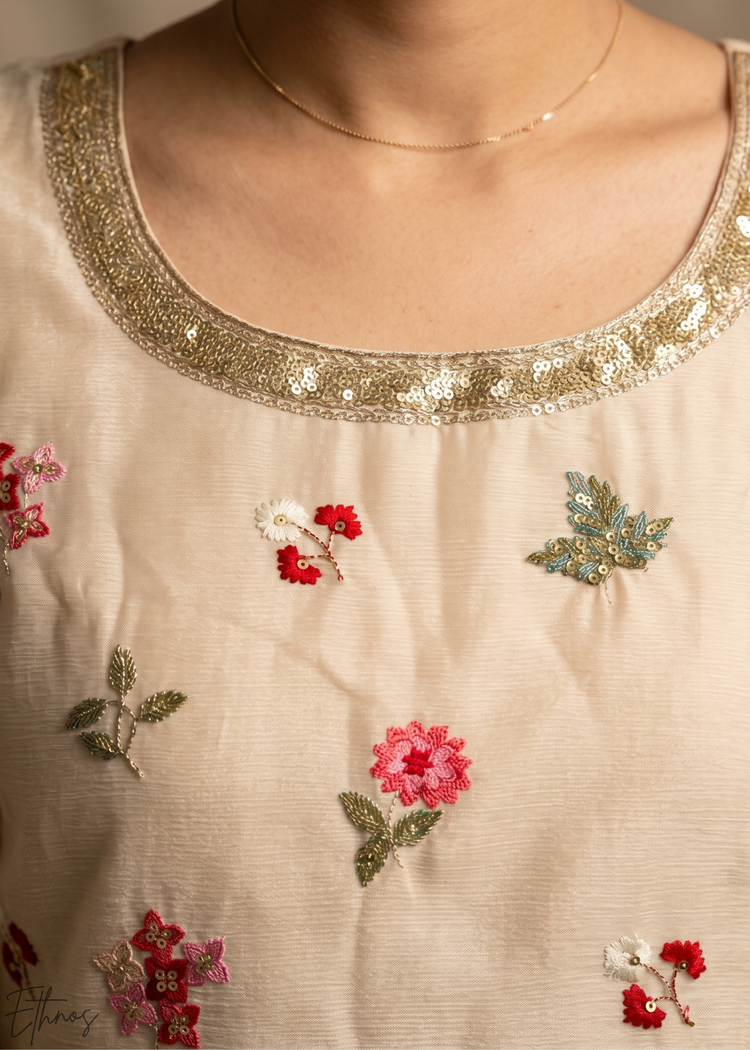 Beige Blossom-Bouquet Embroidered Chinon Palazzo Suit