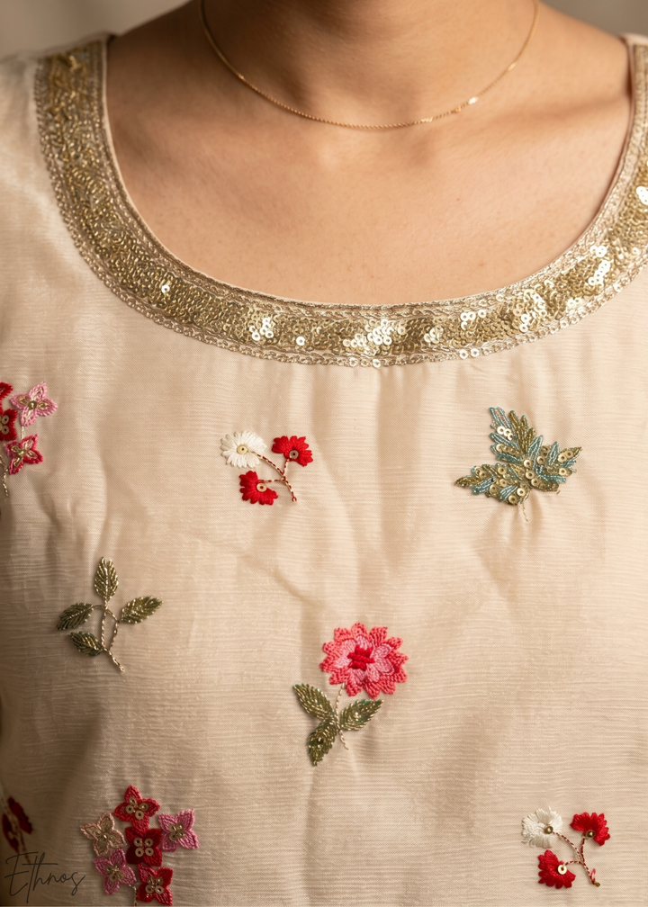 Beige Blossom-Bouquet Embroidered Chinon Palazzo Suit