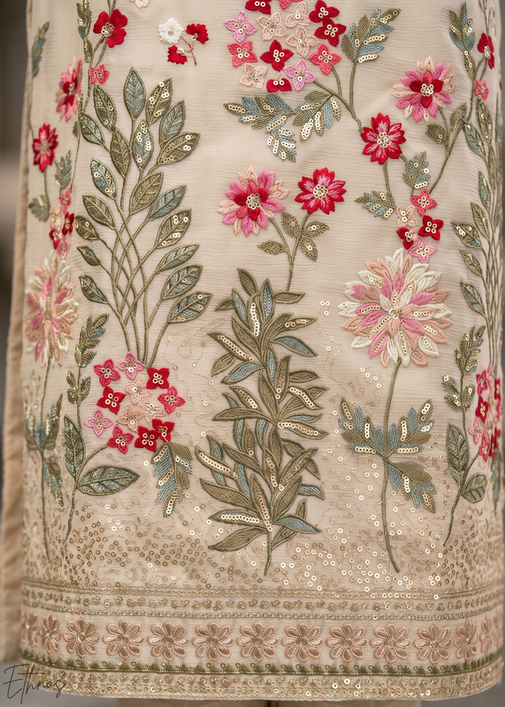 Beige Blossom-Bouquet Embroidered Chinon Palazzo Suit